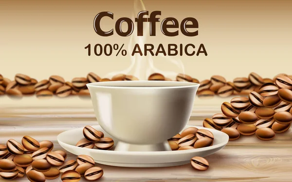 Tasse Arabica-Kaffee auf einem Holztisch, umgeben von gerösteten Kaffeebohnen — Stockvektor