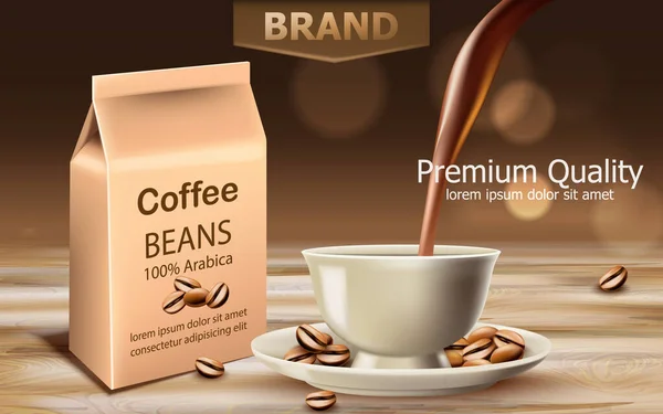 Zak met premium kwaliteit arabica koffiebonen met een kopje in de buurt met vloeibare gieten van boven. Plaats voor tekst — Stockvector