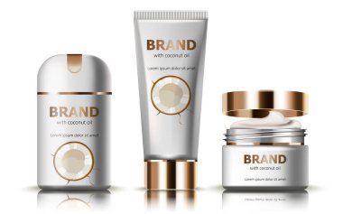 Bir deodorant seti ve hindistan cevizi yağlı krem. Gerçekçi. 3 boyutlu ürün yerleştirme. Metin için yer