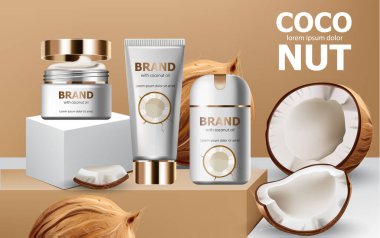 Podyumlarda deodorant ve krem var. Etrafı hindistan cevizleriyle çevrili. Gerçekçi. 3 boyutlu ürün yerleştirme. Metin için yer