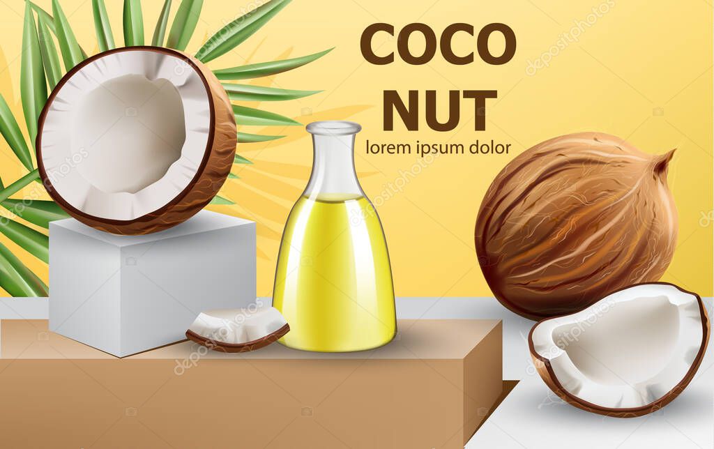 Download Coconut Oil Fresh Organic Product Whole And Cracked Coconuts On Podium Realistic 3d Mockup Product Placement Place For Text Vector Premium Vector In Adobe Illustrator Ai Ai Format Encapsulated