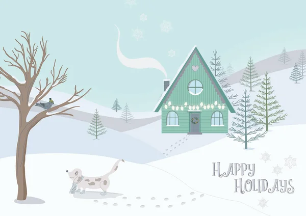 Векторна Мультяшна Ілюстрація Красивого Зимового Пейзажу Собакою Птахом Сніговий Покритий — стоковий вектор