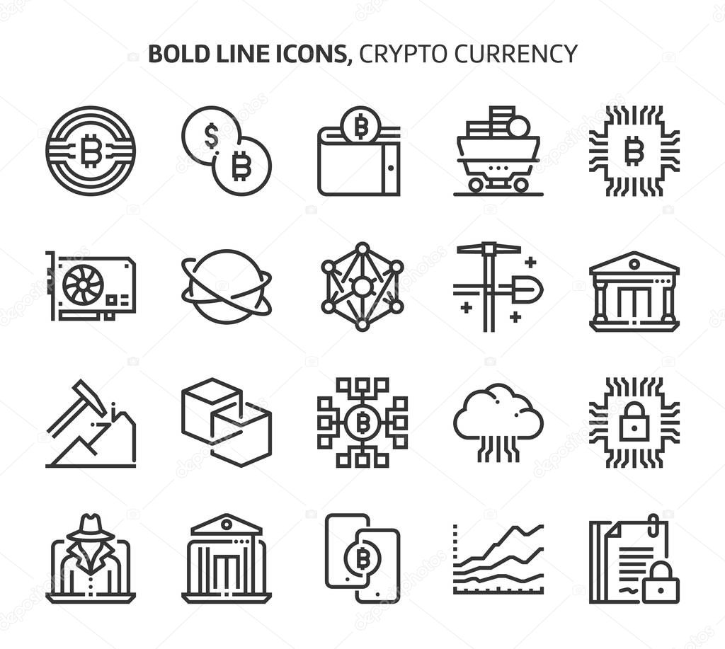 Crypto Currency, bold line icons. The illustrations are a vector, editable stroke, 48x48 pixel perfect files. Crafted with precision and eye for quality.