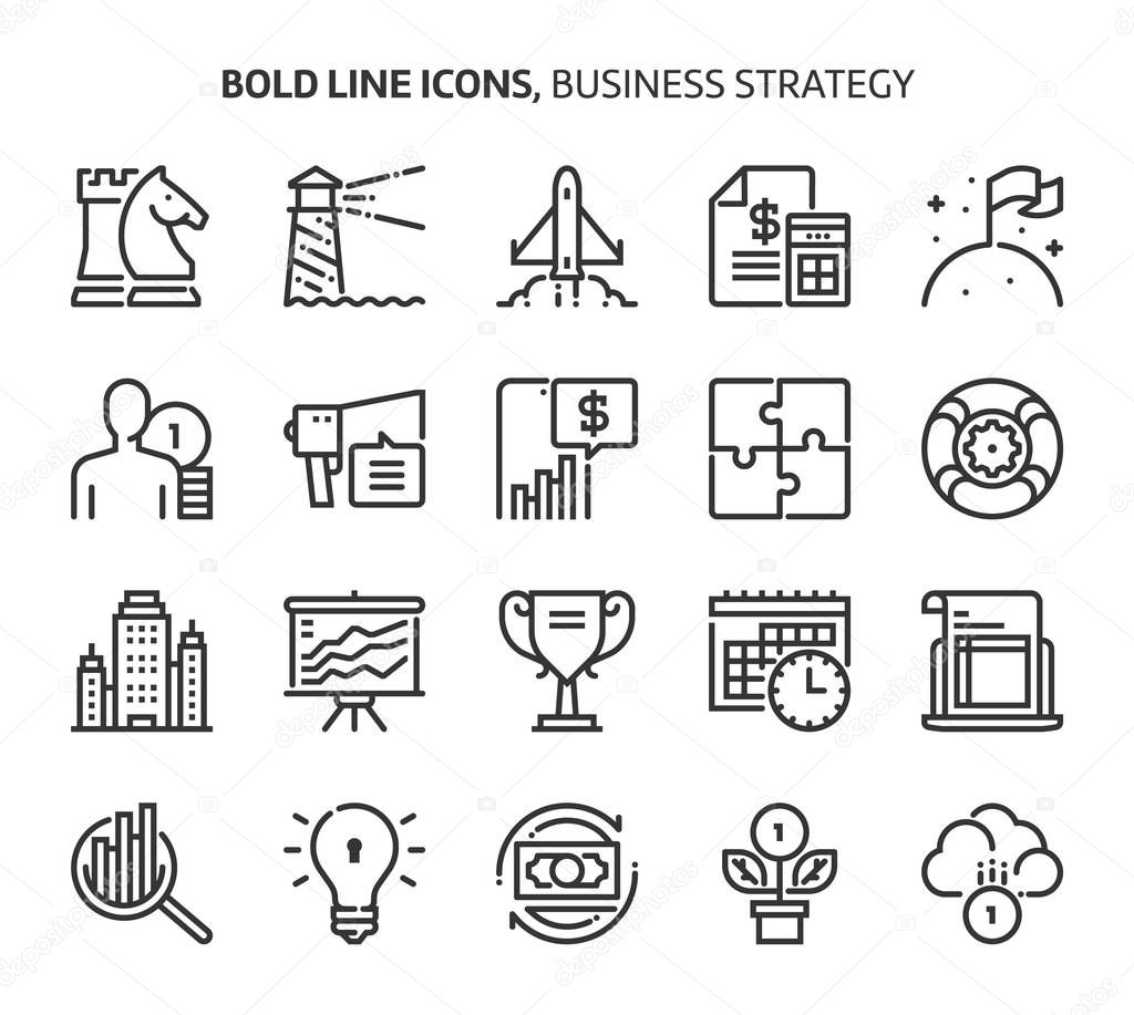 Business strategy, bold line icons. The illustrations are a vector, editable stroke, 48x48 pixel perfect files. Crafted with precision and eye for quality.