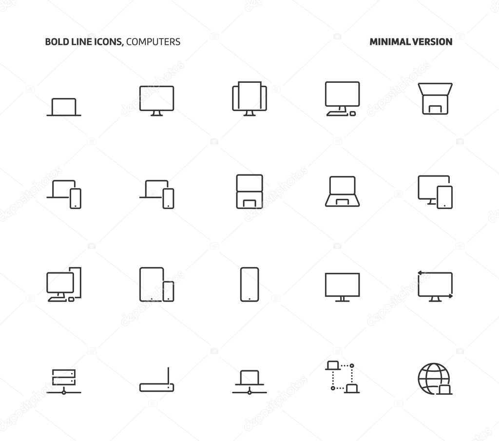 Computers, bold line icons, minimal version. The illustrations are vector, editable stroke, 48x48 pixel perfect files.