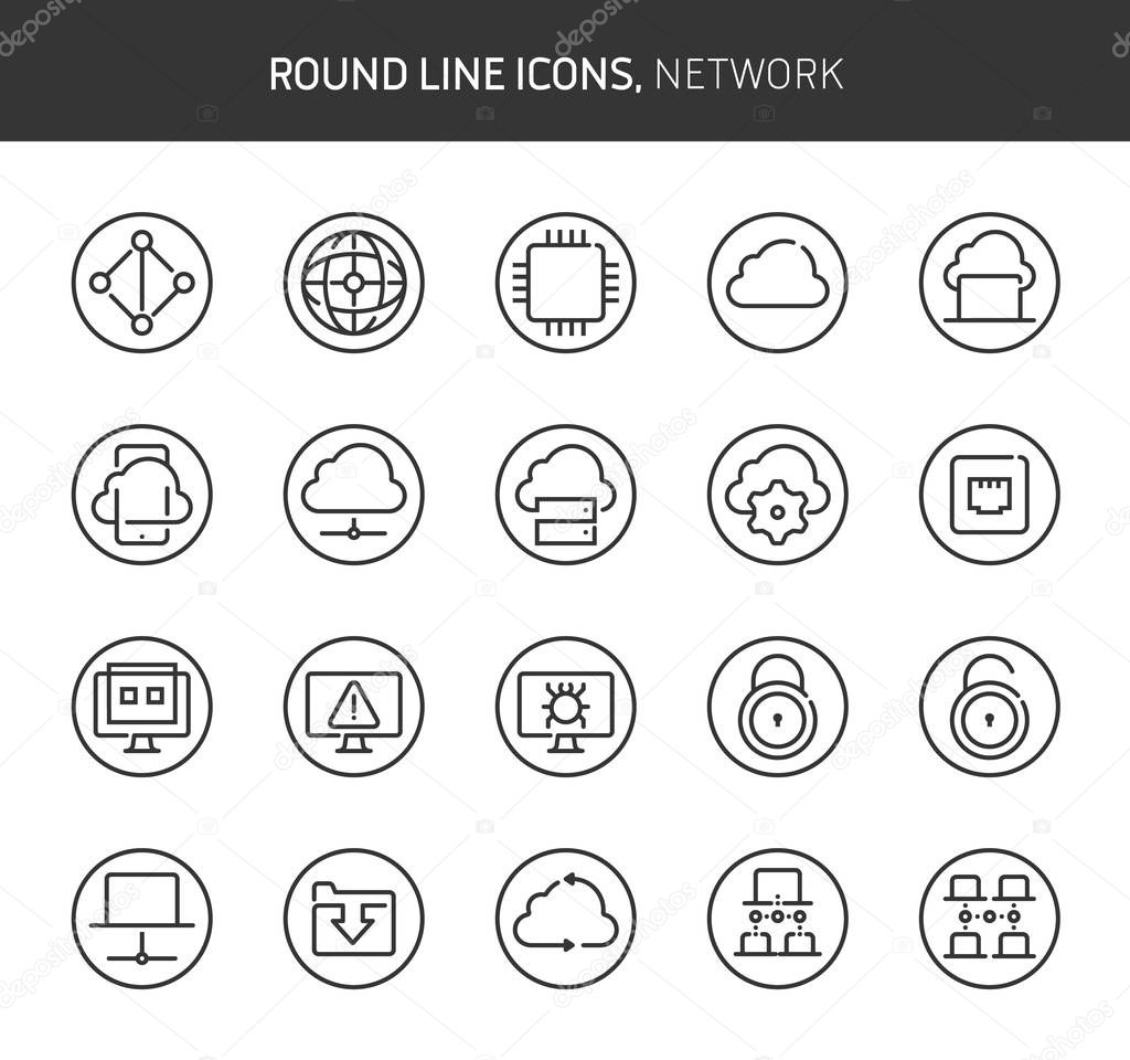 Network theme, round line icons. The illustrations are vector , editable stroke, 64x64, pixel perfect files.  Crafted with passion.