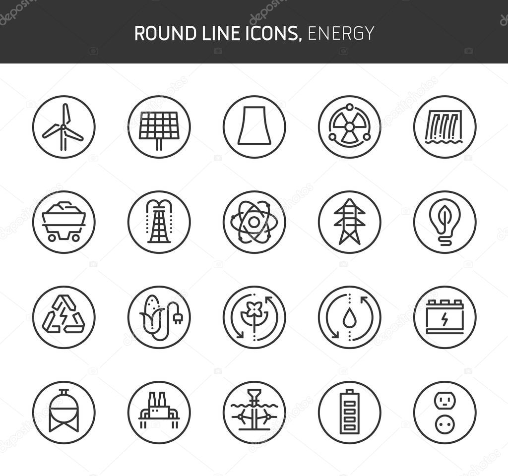 Energy theme, round line icons. The illustrations are vector , editable stroke, 64x64, pixel perfect files.  Crafted with passion.
