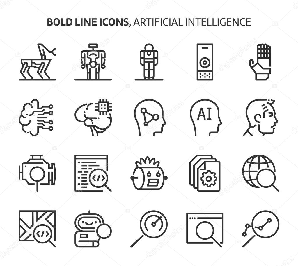 Artificial intelligence, bold line icons. The illustrations are a vector, editable stroke, 48x48 pixel perfect files. Crafted with precision and eye for quality.