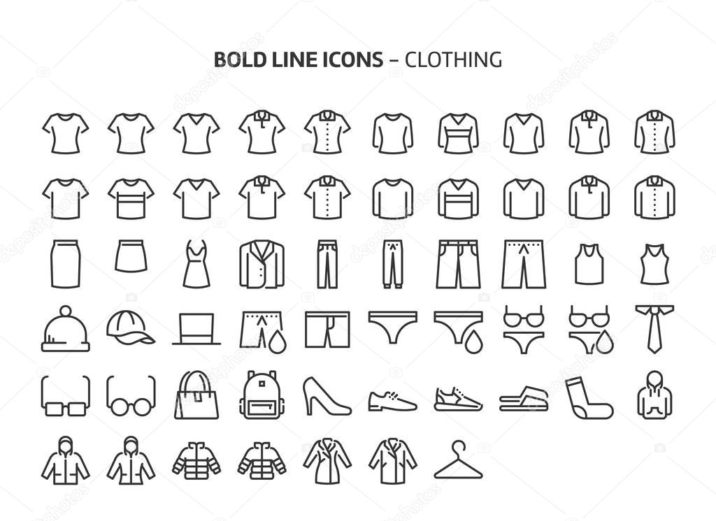 Clothing, bold line icons. The illustrations are a vector, editable stroke, 48x48 pixel perfect files. Crafted with precision and eye for quality.