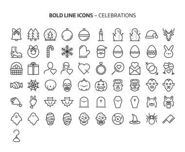 Celebrations, bold line icons. The illustrations are a vector, editable stroke, 48x48 pixel perfect files. Crafted with precision and eye for quality.