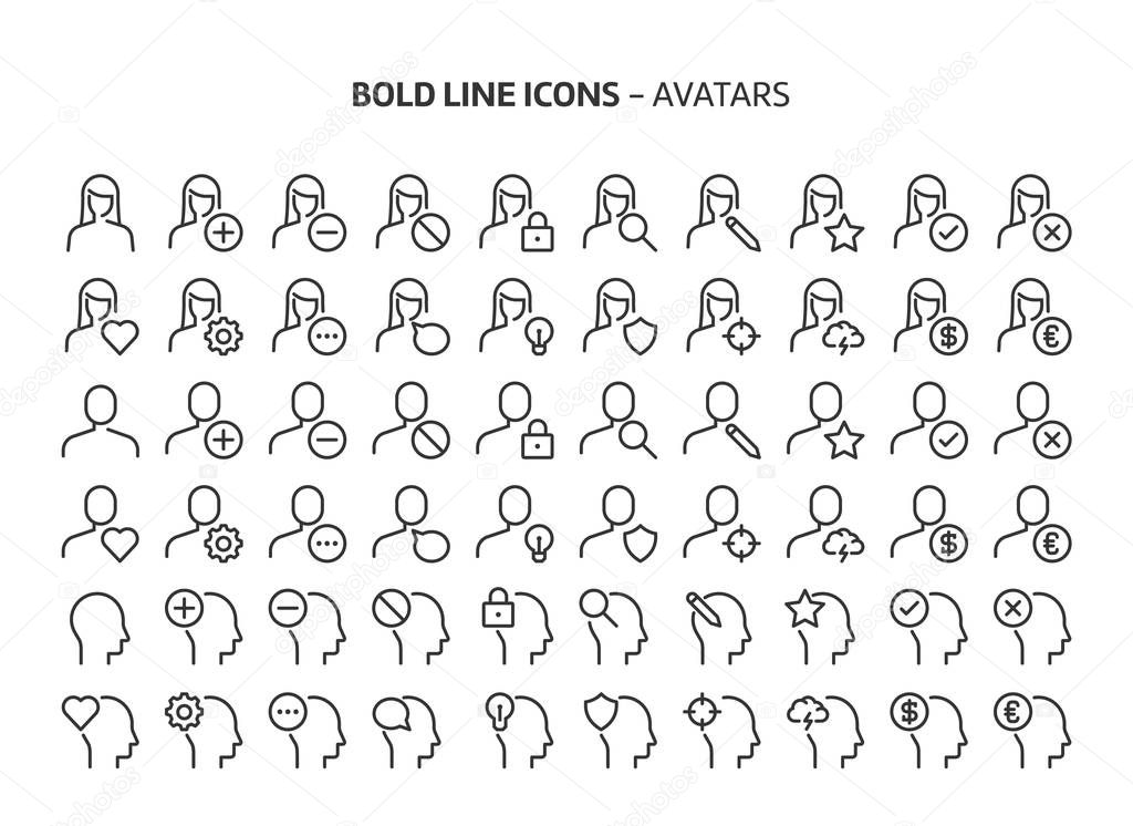 Avatars, bold line icons. The illustrations are a vector, editable stroke, 48x48 pixel perfect files. Crafted with precision and eye for quality.