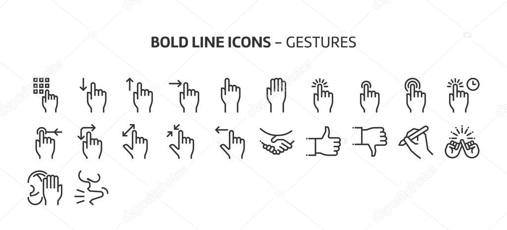 Gestures, bold line icons. The illustrations are a vector, editable stroke, 48x48 pixel perfect files. Crafted with precision and eye for quality.