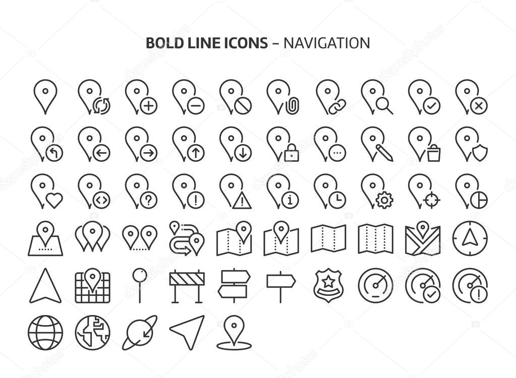 Navigation, bold line icons. The illustrations are a vector, editable stroke, 48x48 pixel perfect files. Crafted with precision and eye for quality.