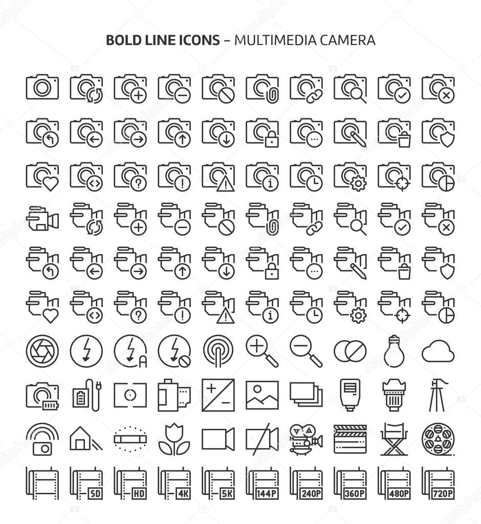 Camera, bold line icons. The illustrations are a vector, editable stroke, 48x48 pixel perfect files. Crafted with precision and eye for quality.
