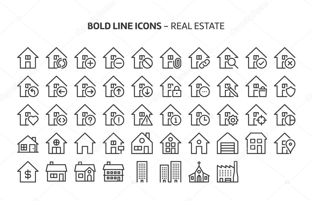 Real estate, bold line icons. The illustrations are a vector, editable stroke, 48x48 pixel perfect files. Crafted with precision and eye for quality.