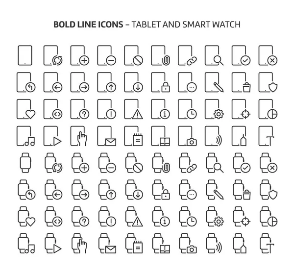 Tablet Smartwatch Vette Lijn Pictogrammen Illustraties Zijn Een Vector Bewerkbare — Stockvector