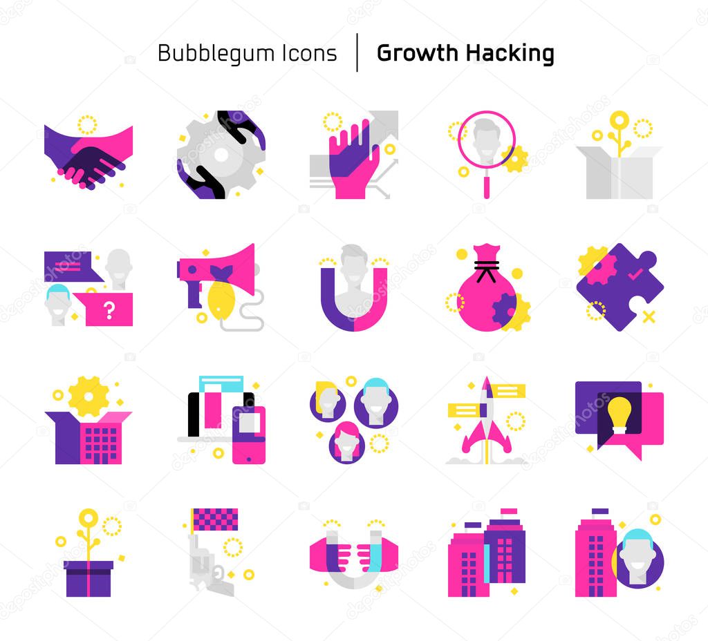 Growth hacking, bubblegum icons. The illustrations are a vector, colorful, 64x64 pixel perfect files. Crafted with precision and eye for quality.