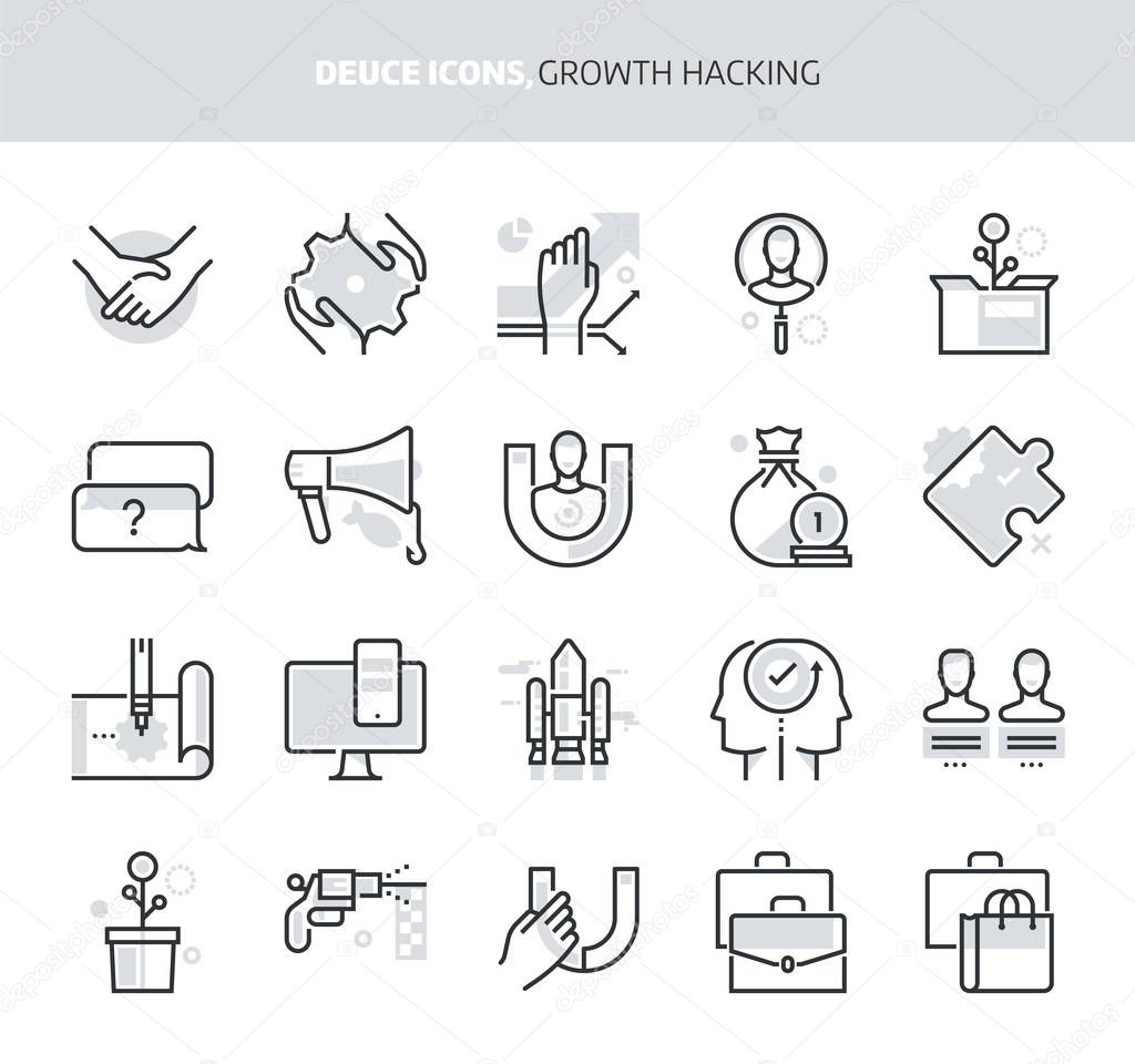 Growth hacking, deuce icons. The illustrations are a vector, two colors, 64x64 pixel perfect files. Crafted with precision and eye for quality.