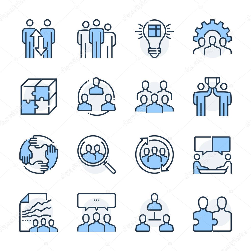 Team management theme icon set. The set is vector, colored and created on 64x64 grids.