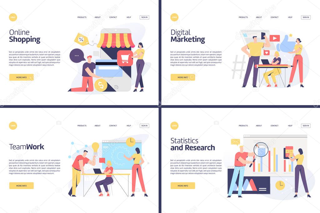 Business related online shopping and marketing theme vector illustration set concept for both mobile application and website development