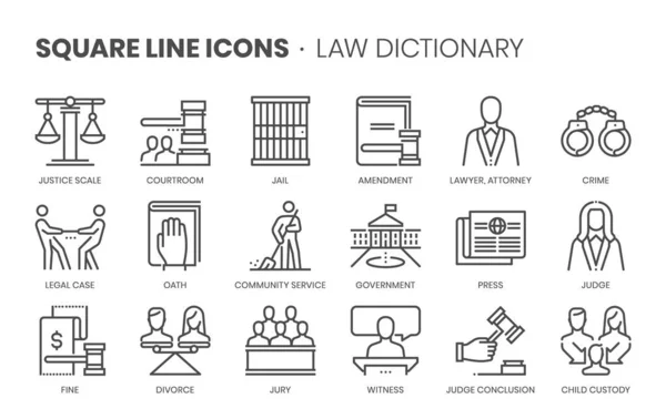 Law Dictionary Related Square Line Vector Icon Set Applications Website — Stock Vector
