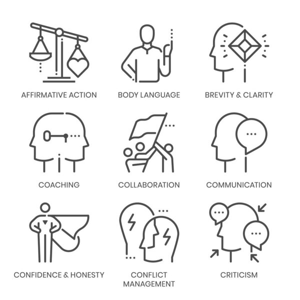 Communication skills related, square line vector icon set for applications and website development. The icon set is pixelperfect with 64x64 grid. Crafted with precision and eye for quality.