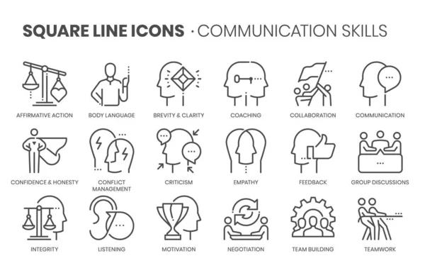 Communication Skills Related Square Line Vector Icon Set Applications Website — Stock Vector