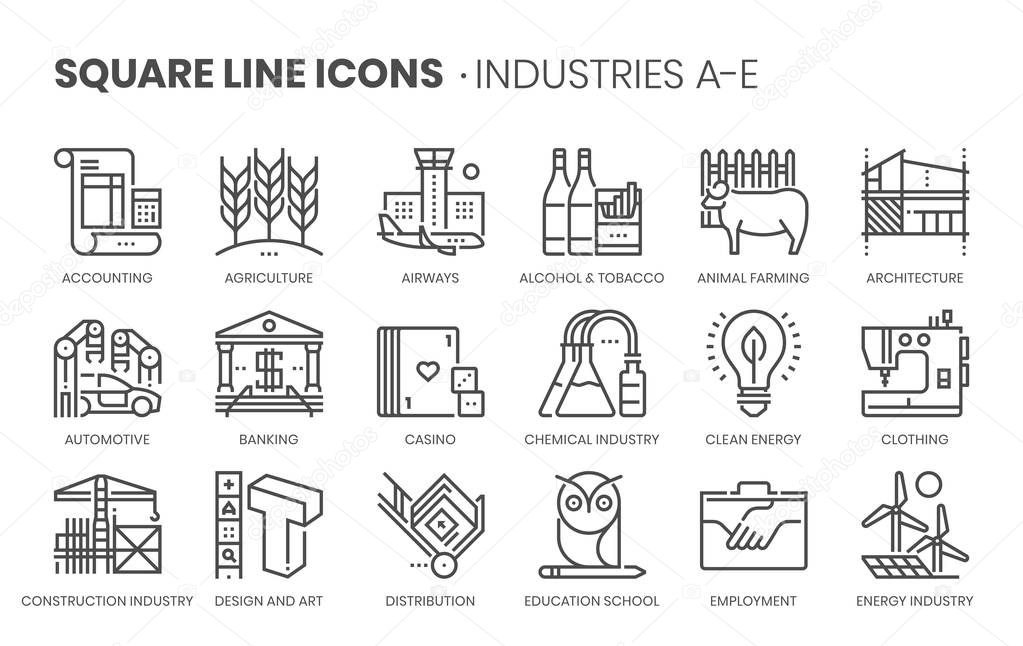 Industries related, square line vector icon set for applications and website development. The icon set is pixelperfect with 64x64 grid. Crafted with precision and eye for quality.
