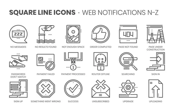 Notifications Web Connexes Ensemble Icônes Vectorielles Ligne Carrée Pour Développement — Image vectorielle