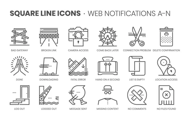 Notificaciones Web Relacionadas Conjunto Iconos Vector Línea Cuadrada Para Aplicaciones — Vector de stock