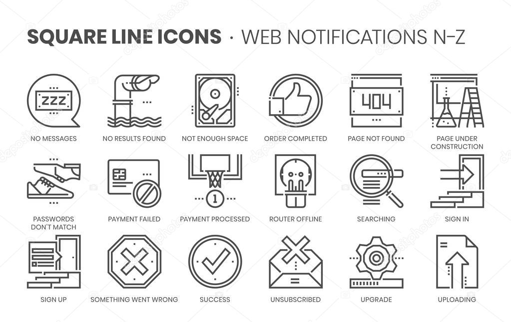 Web notifications related, square line vector icon set for applications and website development. The icon set is pixelperfect with 64x64 grid. Crafted with precision and eye for quality.