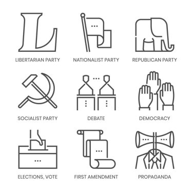 Politika ve partiler ile ilgili, kare çizgi vektör simge uygulamaları ve Web sitesi geliştirme için ayarlanır. Simge set pixelperfect 64x64 ızgara ile. Kalite için hassas ve göz ile hazırlanmış.