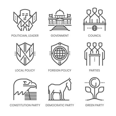 Politika ve partiler ile ilgili, kare çizgi vektör simge uygulamaları ve Web sitesi geliştirme için ayarlanır. Simge set pixelperfect 64x64 ızgara ile. Kalite için hassas ve göz ile hazırlanmış.