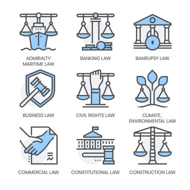 Law fields related, square line color vector icon set for applications and website development. The icon set is pixelperfect with 64x64 grid. Crafted with precision and eye for quality. clipart