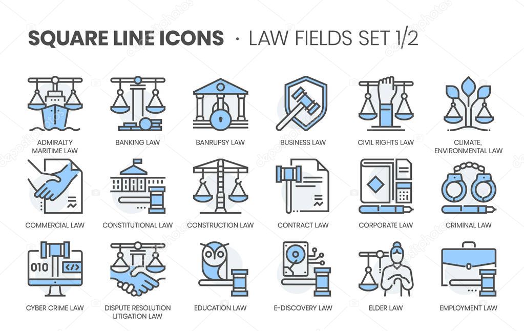Law fields related, square line color vector icon set for applications and website development. The icon set is editable stroke, pixel perfect and 64x64. Crafted with precision and eye for quality.