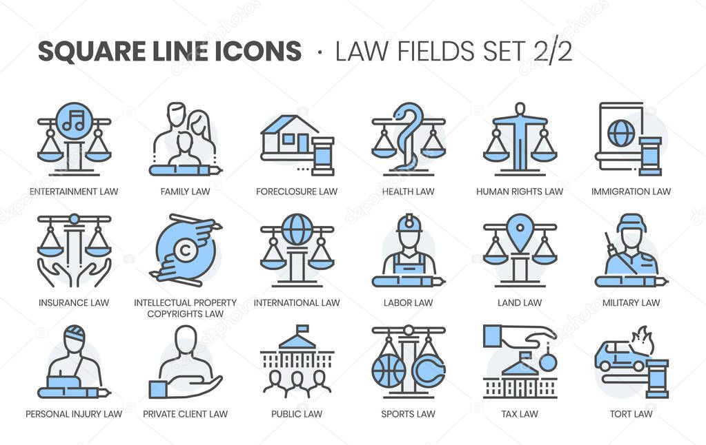 Law fields related, square line color vector icon set for applications and website development. The icon set is editable stroke, pixel perfect and 64x64. Crafted with precision and eye for quality.