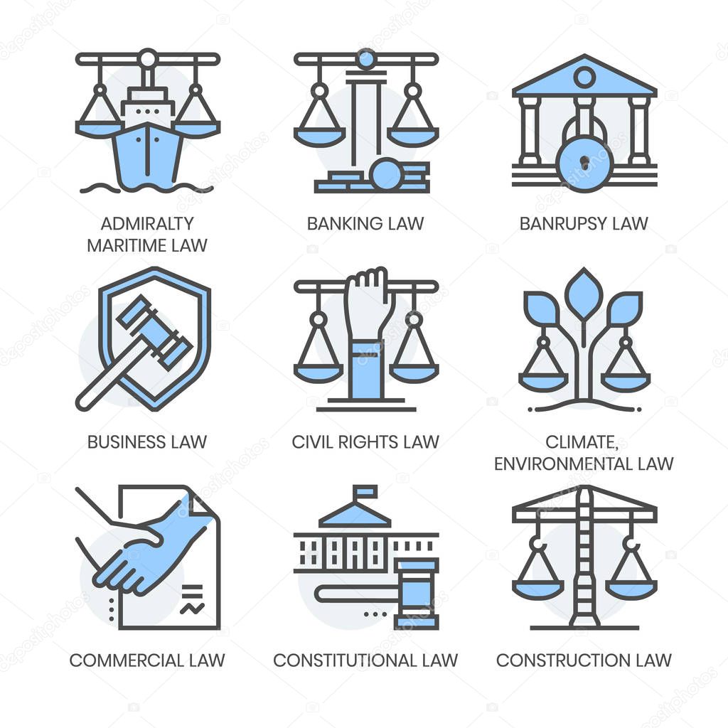 Law fields related, square line color vector icon set for applications and website development. The icon set is pixelperfect with 64x64 grid. Crafted with precision and eye for quality.