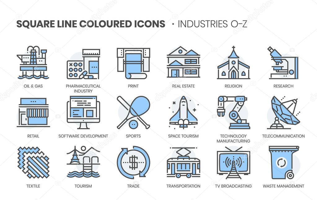 Industries related, square line color vector icon set for applications and website development. The icon set is editable stroke, pixel perfect and 64x64. Crafted with precision and eye for quality.