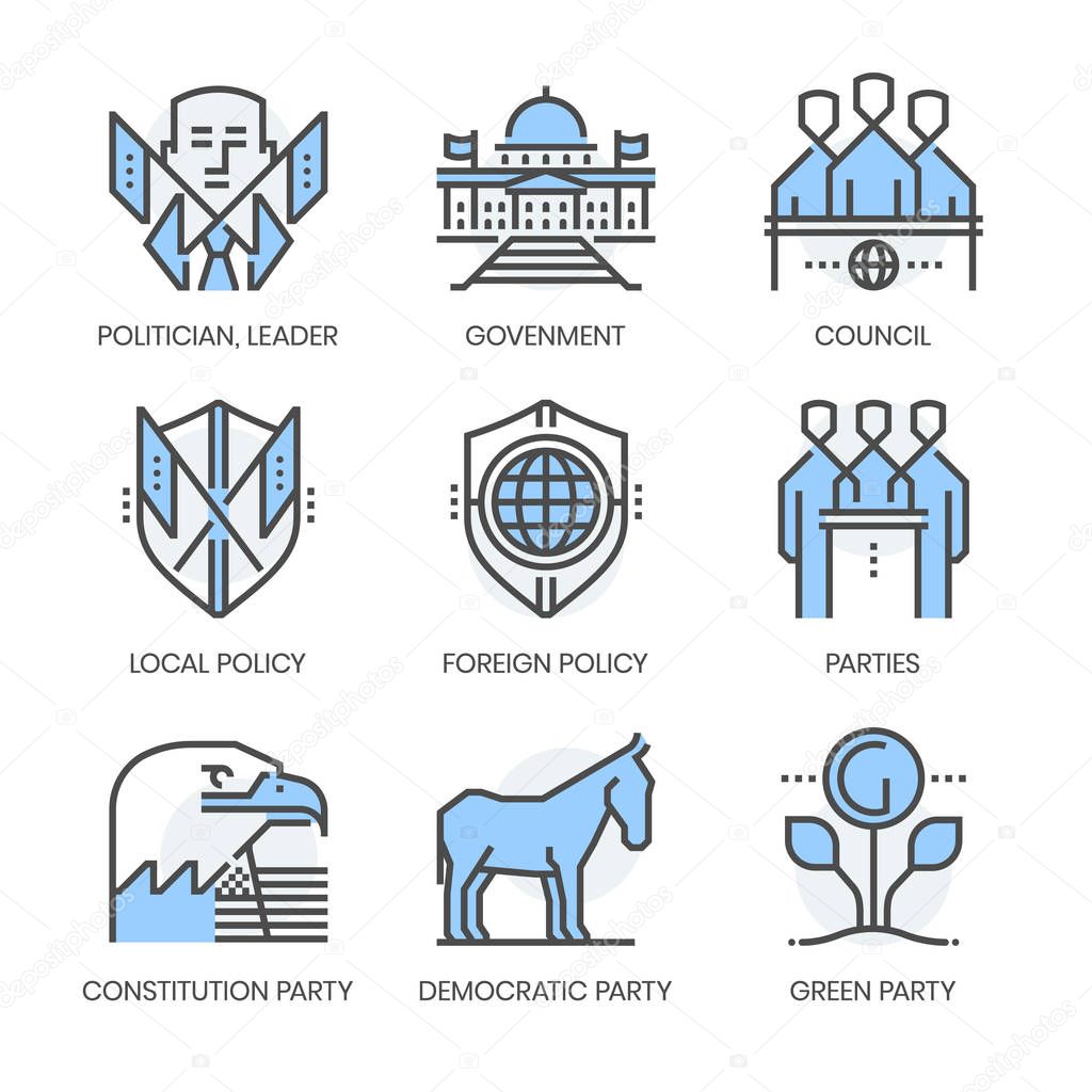 Politics and parties related, square line color vector icon set for applications and website development. The icon set is pixelperfect with 64x64 grid. Crafted with precision and eye for quality.