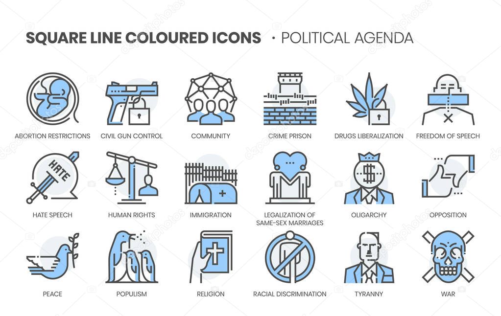 Political agenda related, square line color vector icon set for applications and website development. The icon set is pixelperfect with 64x64 grid. Crafted with precision and eye for quality.