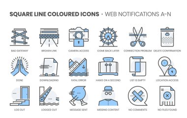 Web bildirimleri ile ilgili, uygulamalar ve web sitesi geliştirme için kare çizgi renk vektör simgesi ayarlayın. Simge kümesi değiştirilebilir kontur, piksel mükemmel ve 64x64. Kalite için hassasiyet ve göz ile hazırlanmış.