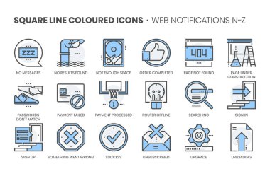 Web bildirimleri ile ilgili, uygulamalar ve web sitesi geliştirme için kare çizgi renk vektör simgesi ayarlayın. Simge kümesi değiştirilebilir kontur, piksel mükemmel ve 64x64. Kalite için hassasiyet ve göz ile hazırlanmış.