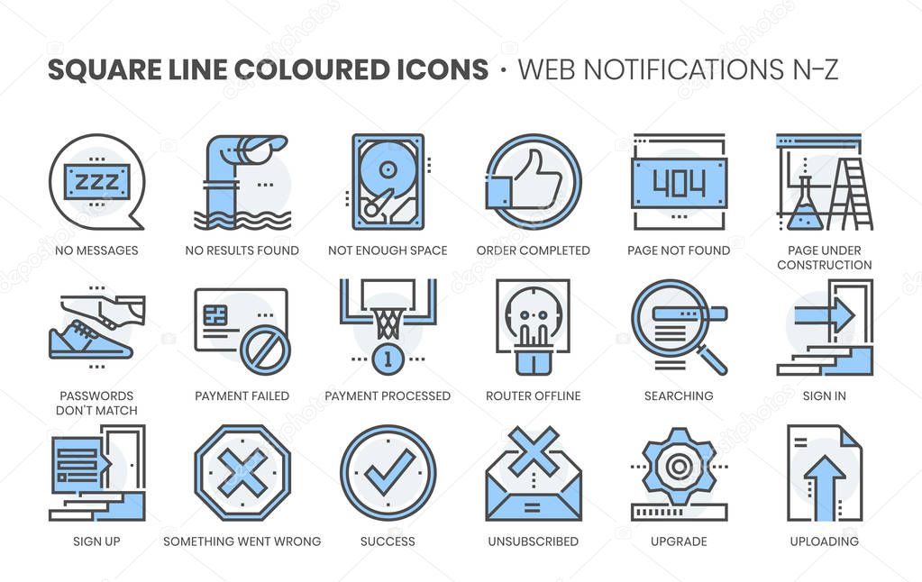 Web notifications related, square line color vector icon set for applications and website development. The icon set is editable stroke, pixel perfect and 64x64. Crafted with precision and eye for quality.