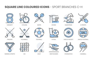 Spor ile ilgili, kare çizgi renk vektör simgesi uygulamalar ve web sitesi geliştirme için ayarlayın. Simge seti 64x64 ızgaraile pixelperfect olduğunu. Kalite için hassasiyet ve göz ile hazırlanmış.