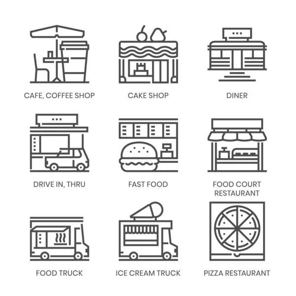 Tipos Restaurantes Relacionados Conjunto Ícones Vetoriais Linha Quadrada Para Aplicações —  Vetores de Stock