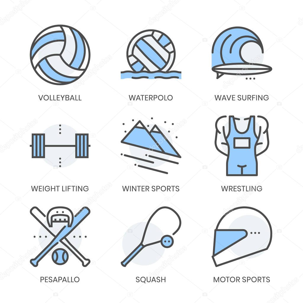 Sports related, square line color vector icon set