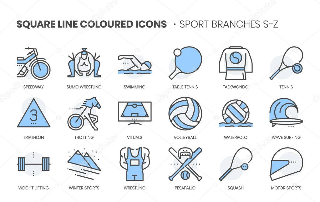 Sports related, square line color vector icon set for applications and website development. The icon set is pixelperfect with 64x64 grid. Crafted with precision and eye for quality.