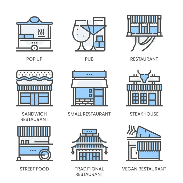 Types Restaurants Liés Ligne Carrée Jeu Icônes Vectorielles Couleur Pour — Image vectorielle