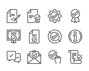 Kalın çizgi simgesi işaretlendi. Set imza, konuşma, güvenlik, onay, sertifika, posta, başarı, vektör, düzenlenebilir felç, çizgi, taslak hakkında.