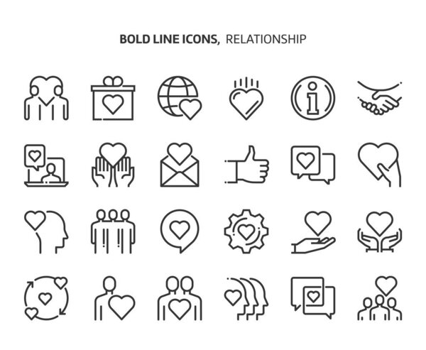 Relationship bold line icon set. The set is about love, heart, friendship, valentine, partnership, vector, editable stroke, line, outline.